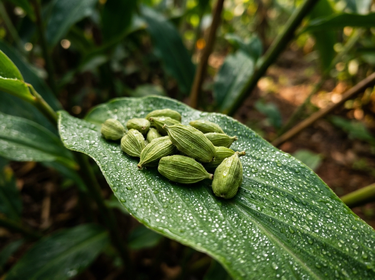 Fresh green cardamom pods cluster